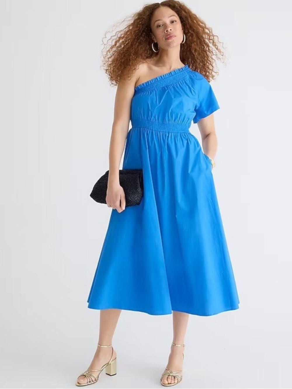J. CREW Smocked One-Shoulder Midi Dress Cobalt Blue Cotton Poplin Size Small